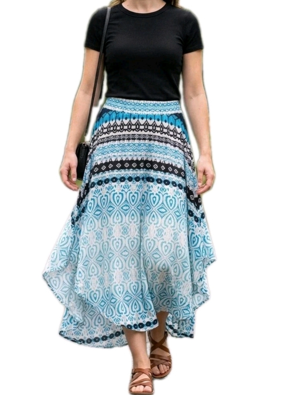 Lola P Boho Maxi Skirt L NWT Blue White Geometric Rayon Sharkbite Hem Festival